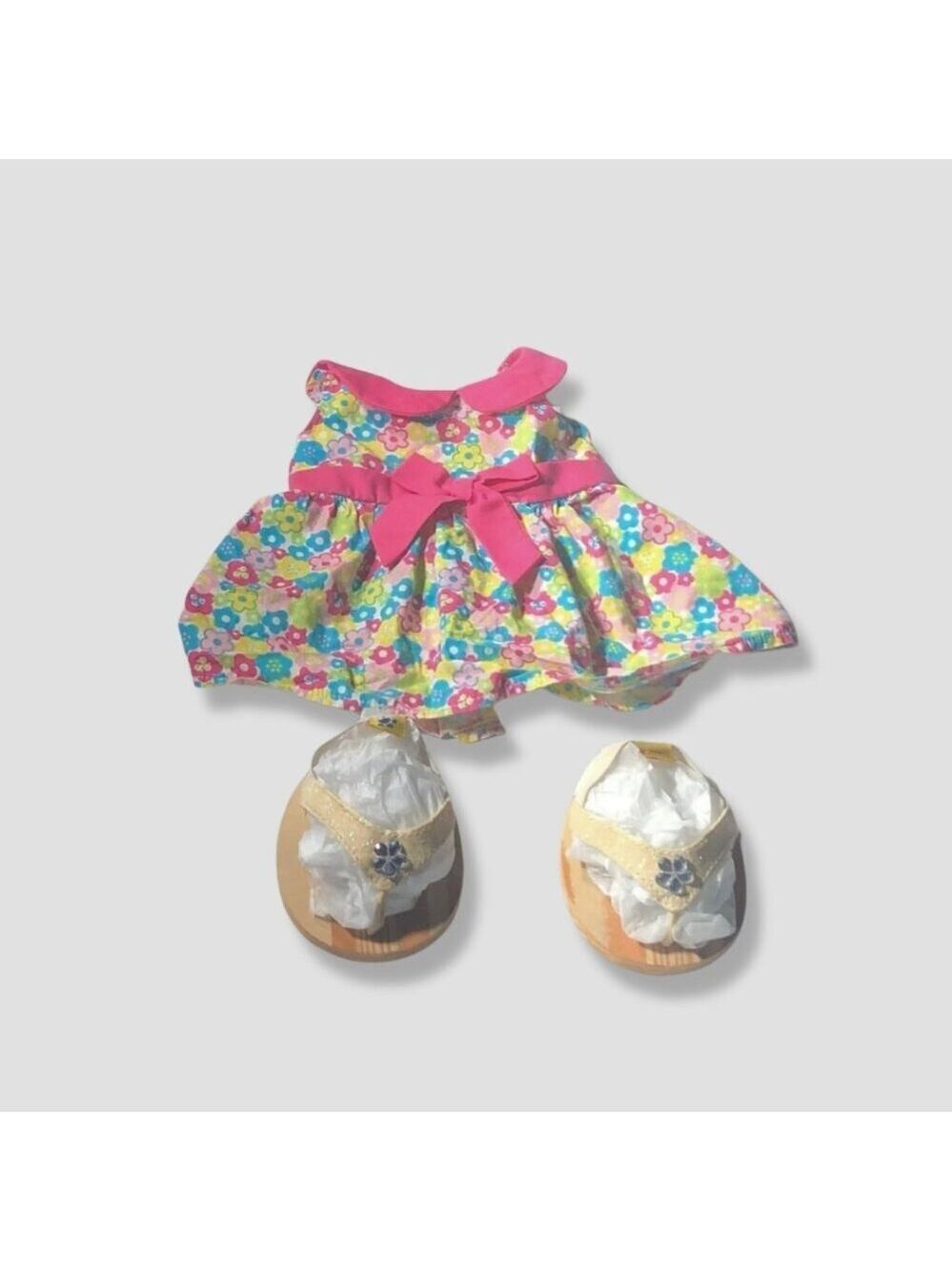 Build-A-Bear outfit set floral dress sparkly flipflop sandals bow summer cottage
